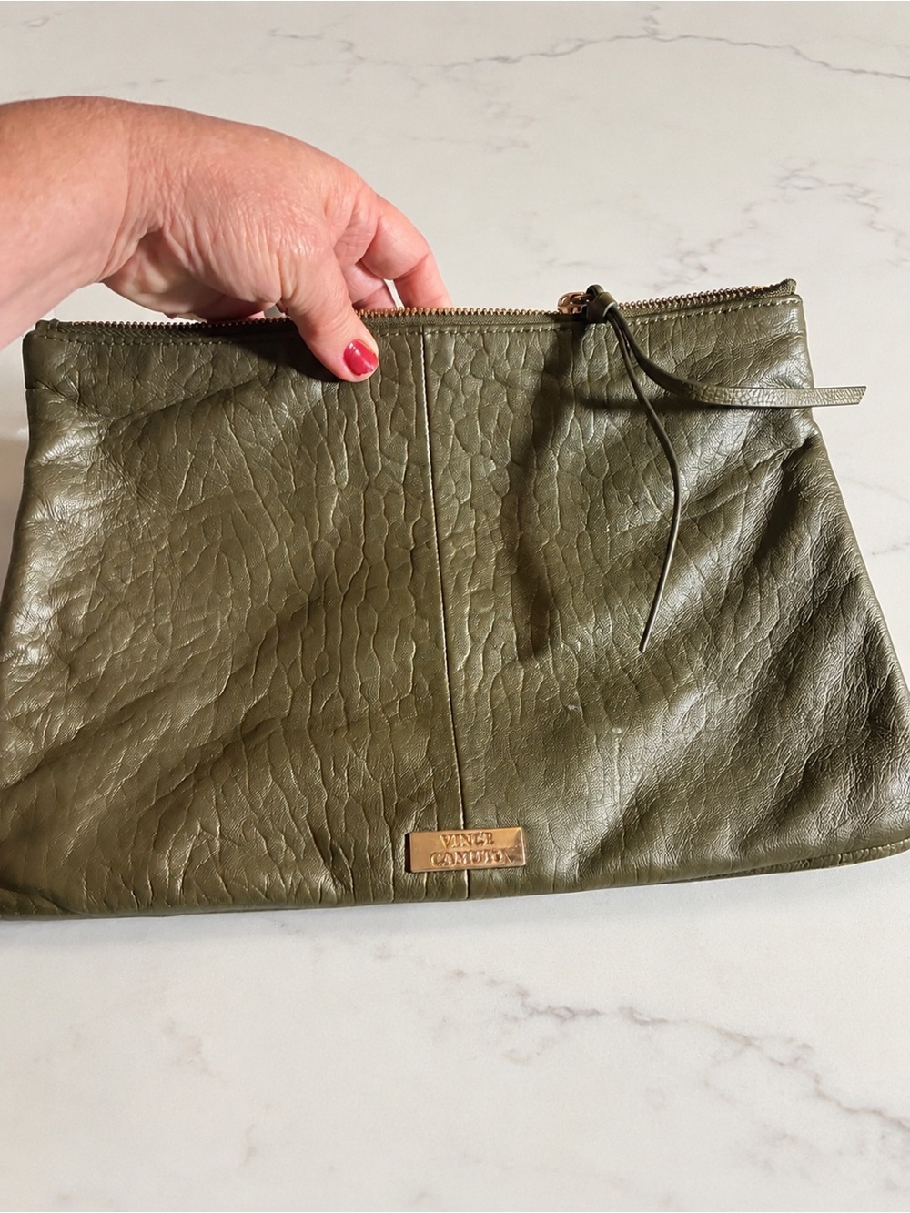 Vince Camuto Olive Green Textured Clutch Wristlet Gold-Tone Ring Handle